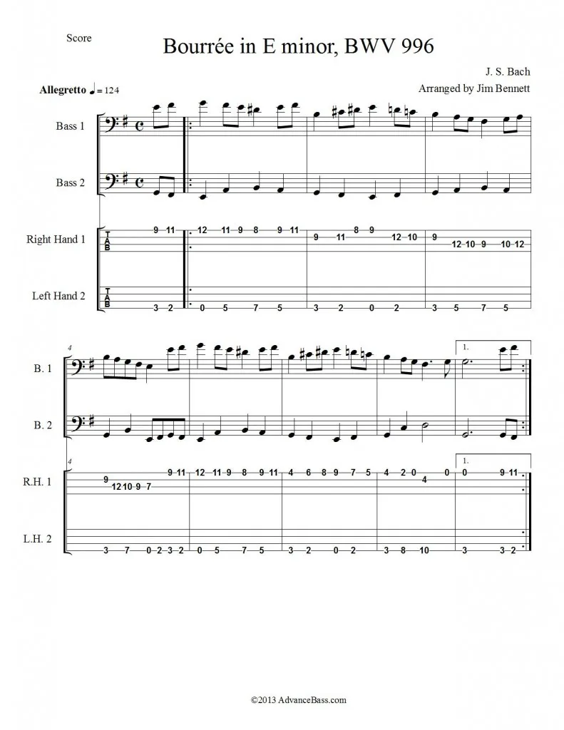 Bourrée in E minor (BWV 996) — 4-string bass tab and notation, page 1
